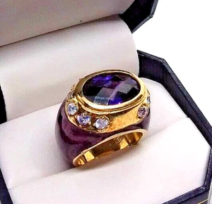 Gold Over Sterling Bold Statement Ring, Purple Enamel & Stone, Sz 7.25, Seta - Picture 1 of 8