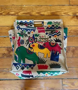 Holz Henkel Beuteltasche Elefant riesig groß tief Indien buntes Muster Boho Handtasche - Bild 1 von 8