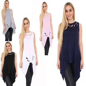 Ladies Women Hanky Hem Ripped Crew Neck Distressed Flared Plain Top Dress 8-26 - Picture 1 of 6