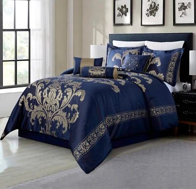 Chezmoi Collection 7-Piece Jacquard Floral Comforter Set (Queen, Navy/Gold) - Image 1 of 4