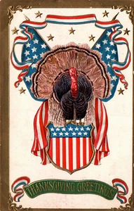 POSTCARD THANKSGIVING PATRIOTIC TURKEY AMERICAN FLAGS EMBOSSED - Picture 1 of 2