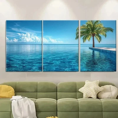 3pcs Tranquil Palm Tree Infinity Pool Wall Art Canvas Framed 50x70cm - Image 1 of 2