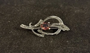 Vintage Mid Century Sterling Silver 925 Amethyst & Marcasite Pin Brooch 4.2g - Picture 1 of 2