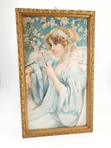 French Antique Art Nouveau Print Young Lady - Picture 1 of 6