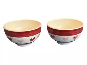 Set of Two (2) Pier 1 Cereal Bowls Hand Painted Italy Red Pink Hearts 3”T 5.25”W - Picture 1 of 5