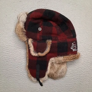 Mad Bomber Trapper Hat Adult Small Red Black Plaid Rabbit Fur Lined Winter Mens - Picture 1 of 6