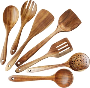 Wooden Spoons for Cooking,  Wood Kitchen Utensils Set, Natural Teak Wooden Cooki - Picture 1 of 6