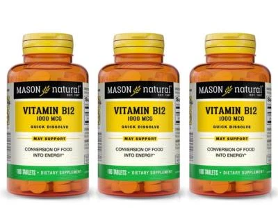 VITAMINA B 12 1000 MCG SUBLINGUAL B-12, PACK 3 X 100 = 300 COMPRIMIDOS MASON NATURAL Foto 1 de 3