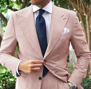 Seersucker Men Suits 2 Pcs Wide Peak Lapel Wedding Beach Leisure Summer Tuxedos - Picture 1 of 27