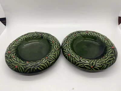 Vintage pair Pier 1 Italy porcelain Holly Berry Candle Holders 5" round - Image 1 of 4