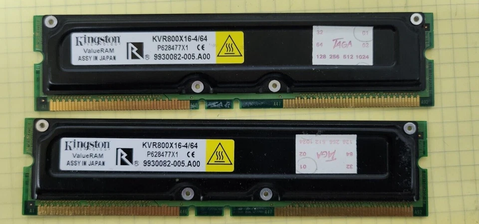 2x Kingston KVR800X16-4/64 ValueRAM 64MB Non-ECC RDRAM PC800 800Mhz RIMM Memory - Image 1 of 1
