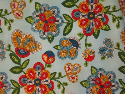 Navajo Native American Beaded Like Floral Colors Light Turq Cotton Fabric BTHY  - Image 1 of 4