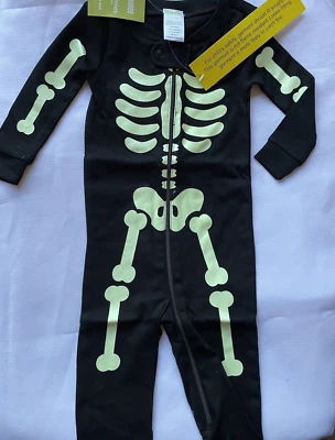 NEW Gymboree Baby 6 9 12 SKELETON PJs Pajamas Halloween Costume GLOW Black 1pc - Image 1 of 4
