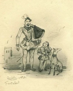 Antico disegno a matita firmato Camille FONTALLARD (XIX) figure e cane - Picture 1 of 7