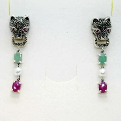 Smaragd Markasit Rubin Perlen Ohrhänger TIGER 925 Sterlingsilber - Bild 1 von 4