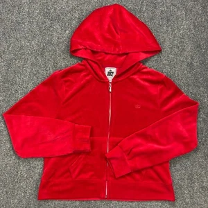 Juicy Couture Hoodie Womens XL Red Velour Full Zip Hand Pockets Sweatshirt - Picture 1 of 17