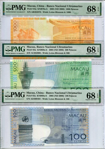 Macau Set 3, 100 500 1000 Patacas 2005 P 82 83 84 BNU Superb GEM UNC PMG 68 EPQ Cover