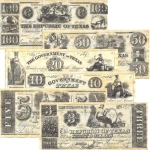 The Republic of Texas Currency Set 1838-1841 - Banknotes - Redback Currency - Picture 1 of 8