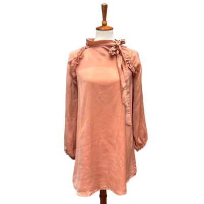 Loveriche Women’s S Peach Taupe Satin Mini Shift Dress with Bow & Ruffle NWT - Image 1 of 4