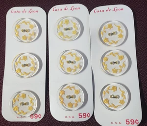 Casa De Leon Clear Yellow Floral 9 Buttons 3 Cards vintage Sewing Crafts USA - Picture 1 of 4