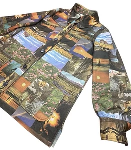 Camisa con estampado de fotos de novedad de la década de 1970 arco iris surfistas flores puesta de sol busto de 43 pulgadas - Imagen 1 de 8
