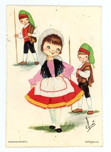 Postal Bordada Portuguesa Niña Ojos Grandes Disfraces Tradicionales Elsi Gumier - Imagen 1 de 3
