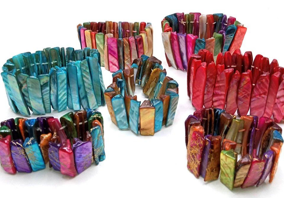 Vintage Multi Color  Mother Of Pearl  Stretch Bracelets Lot of 8 Turquoise Rose - Image 1 of 4