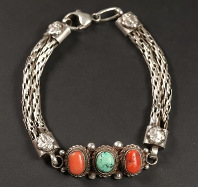 schönes 925er Silber Vintage Armband mit Koralle und Türkis - Bild 1 von 2