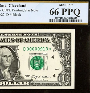 2009 $1 FRN PCGS 66PPQ - Birthday Star - Low Serial Number Star 00000913* - Picture 1 of 3