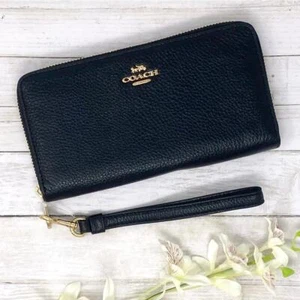 Coach Long Zip Around Wallet Gold/Black Leather C4451 - Picture 1 of 5