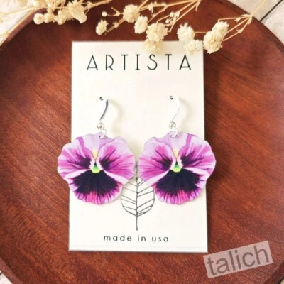 Artista Earrings Pink Fuchsia Single Pansy Flower Cute Lightweight Unique Gift - Image 1 of 4