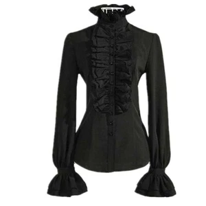Damen Lolita Hemd Bluse Rüschen Stehkragen Flare Slim Top Gothic Victorian - Bild 1 von 5