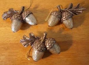 3 Sparkle Glitter Amber Acorn Cluster Ornaments Set Lodge Cabin Christmas Decor - Picture 1 of 5