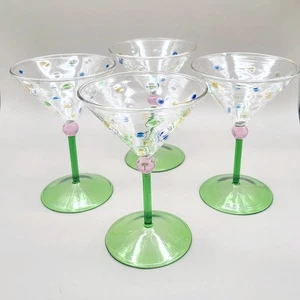 Französische Boho Klar mit Tupfen Sektgläser, grüne Stiele, 4er Set, Neu ohne Etikett - Bild 1 von 7