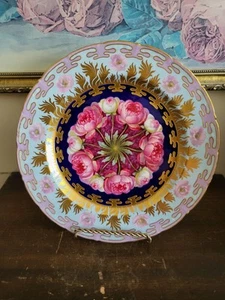 Rare Antique Cauldon England Hand Painted Plate Pink Cobalt Blue Gold Flowers - Picture 1 of 10