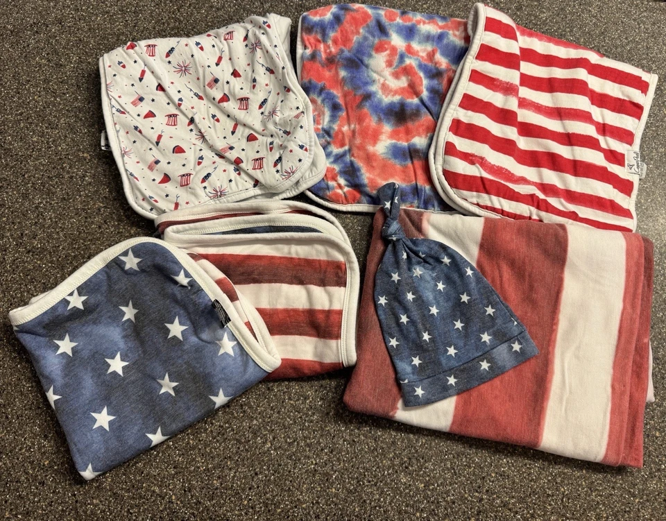 Bandera americana de perlas de cobre: lote de 7 piezas, envoltura, sombrero, trapos eructos, manta de seguridad Foto 1 de 4