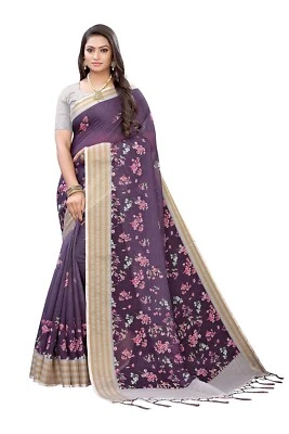 Sari de lino Chanderi para mujer con pieza de blusa Foto 1 de 4