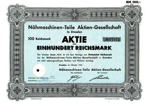 Lot 100 X Nähmaschinen-Teile Aktiengesellschaft in Dresden 1941 100 RM - Bild 1 von 1