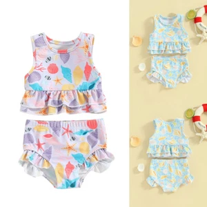 Newborn Toddler Baby Girl Swimsuit Sleeveless Beach Print Top+Shorts Summer Sets - Picture 1 of 14