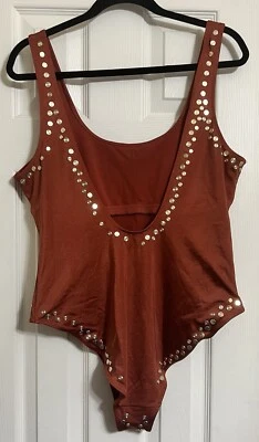 NO BOUNDARIES RUST BODYSUIT GOLD EMBELLISHED ACCENT TRIMMING ONE PIECE NWOT - Image 1 of 4
