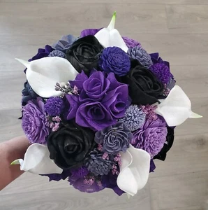 Purple White Calla Lily Bridal Bouquet Bridesmaid Black Sola Wood Wedding Flower - Picture 1 of 22