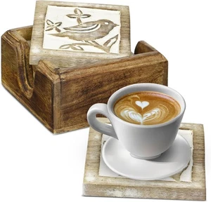 Set of 4 Wood Coasters, Carved Bird Design - Picture 1 of 3