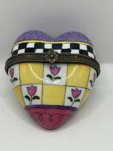 Vintage Miniature Ceramic Heart Shaped Pill Trinket Box Multicolor Hinged Tulip - Picture 1 of 4