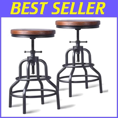Vintage Adjustable Height Swivel Bar Stool - Rustic Wood Round Seat & Metal Base - Image 1 of 4