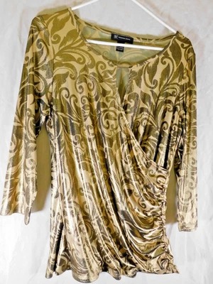 INC Size L Gold Blouse With Brown Geometrical Pattern 3/4 Sleeves SHOW STOPPER!! - Image 1 of 4