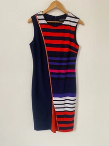 Frank Lyman Dress Size 12 Navy Red Zip Sleeveless Stripe Bodycon Cruise Occasion - Picture 1 of 9