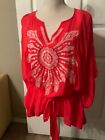 🌸Bobeau Red White Embroidered Batwing Belted Top  Blouse Size 1X 🌸NWOT