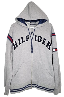Vintage Tommy Hilfiger Mens Size Large Grey Logo Full Zip Sweatshirt Hoodie - Image 1 of 4