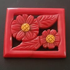 BAKELITE Antique Art Deco Brooch Pin Cherry Red Butterscotch Flower Floral 211