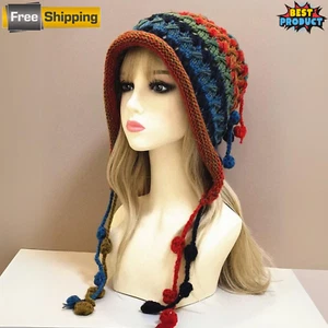 Crochet Beanie Women's Colorful Handmade Tassel Ear Flap Knit Hat with Boho Styl - Picture 1 of 5